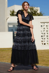 Sequin Layered Ruffle Tulle Maxi Dress