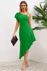Asymmetrical Neck Flutter Sleeve Dress