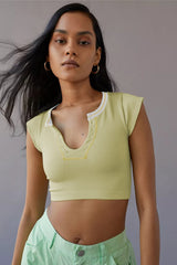 Notched Neck Cap Sleeve Cropped Tee