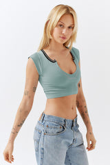 Notched Neck Cap Sleeve Cropped Tee