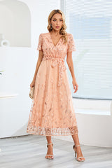 Sequin Leaf Embroidery Tie Front Dress