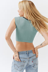 Notched Neck Cap Sleeve Cropped Tee