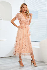 Sequin Leaf Embroidery Tie Front Dress