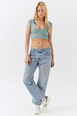 Notched Neck Cap Sleeve Cropped Tee