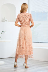 Sequin Leaf Embroidery Tie Front Dress