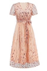 Sequin Leaf Embroidery Tie Front Dress