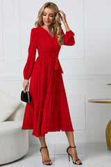 Pleated Belt V-Neck Dress