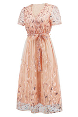 Sequin Leaf Embroidery Tie Front Dress