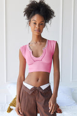 Notched Neck Cap Sleeve Cropped Tee