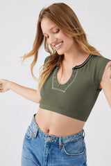 Notched Neck Cap Sleeve Cropped Tee