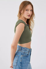 Notched Neck Cap Sleeve Cropped Tee