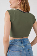 Notched Neck Cap Sleeve Cropped Tee