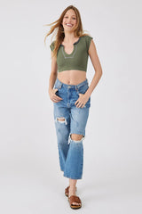 Notched Neck Cap Sleeve Cropped Tee