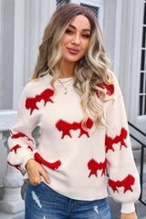 Bow Round Neck Dropped Shoulder Sweater