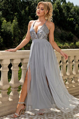 Sequined Backless Tulle Evening Prom