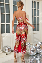 Strapless Feather Sequin Midi Dress