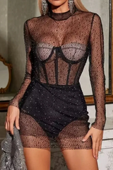 Adele Black Mesh Diamond Mini Dress