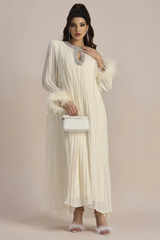 Yvonne Diamante Feathered Pleated Dress