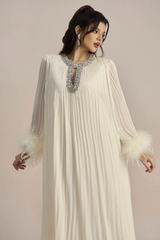 Yvonne Diamante Feathered Pleated Dress