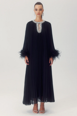 Yvonne Diamante Feathered Pleated Dress