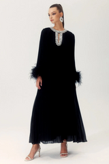 Yvonne Diamante Feathered Pleated Dress